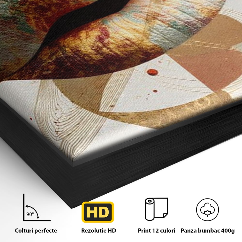 Detaliu al suprafetei: tablou canvas cu buze aurii si forme geometrice, in rama de aluminiu negru