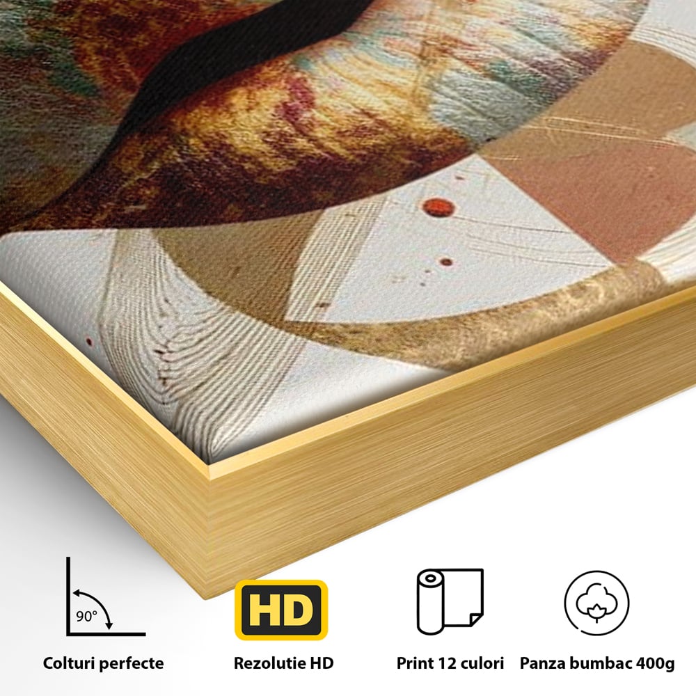 Detaliu al suprafetei: tablou canvas cu buze aurii si forme geometrice, in rama de aluminiu auriu