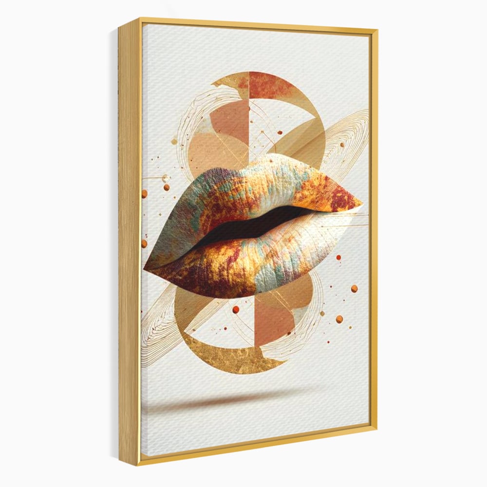 Tablou canvas cu tablou canvas cu buze aurii si forme geometrice, in rama de aluminiu auriu