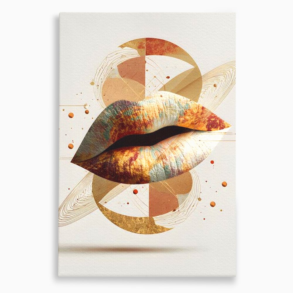 Tablou canvas cu tablou canvas cu buze aurii si forme geometrice, fara rama, pe sasiu de lemn