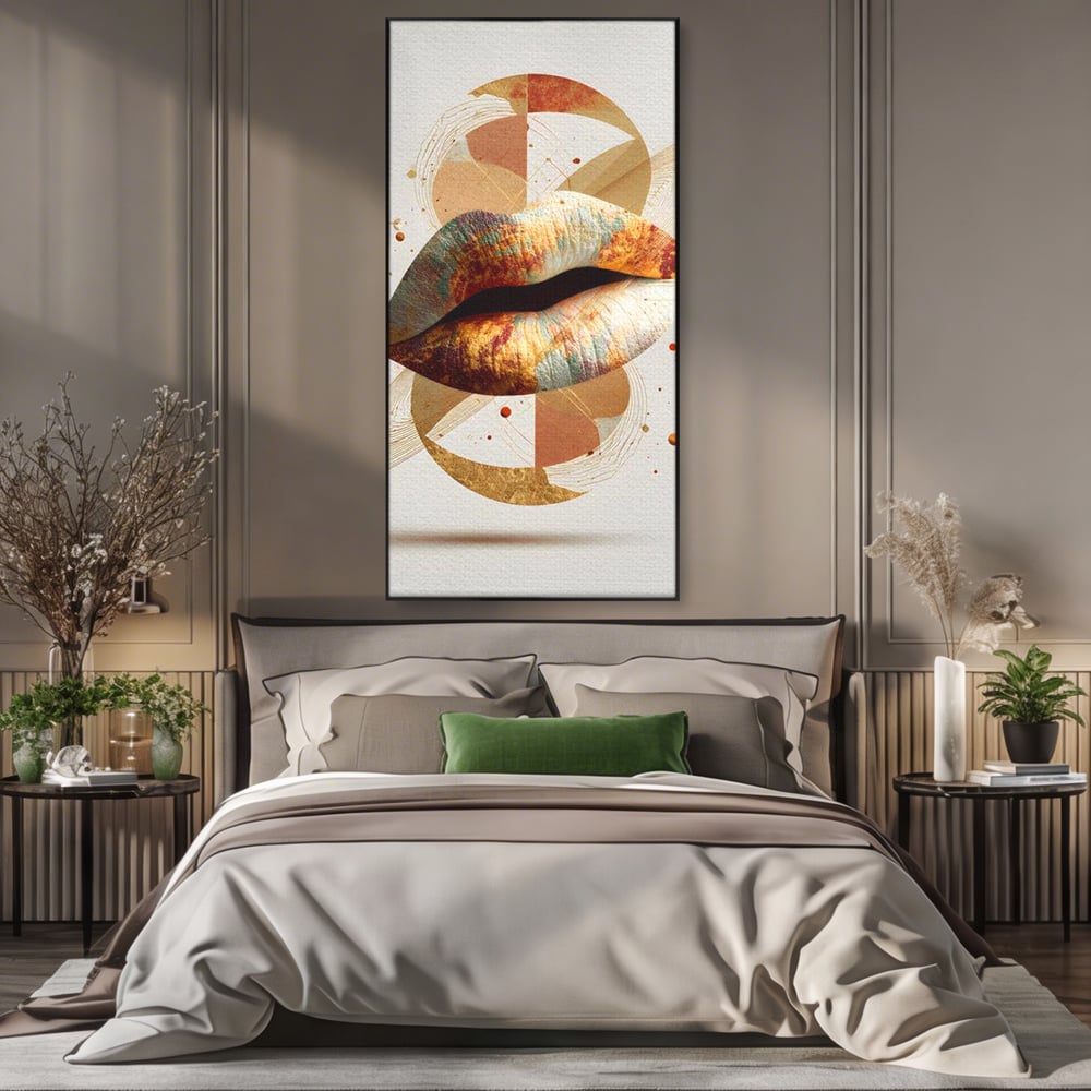 Tablou canvas cu tablou canvas cu buze aurii si forme geometrice, in rama de aluminiu negru, pe perete intr-un dormitor