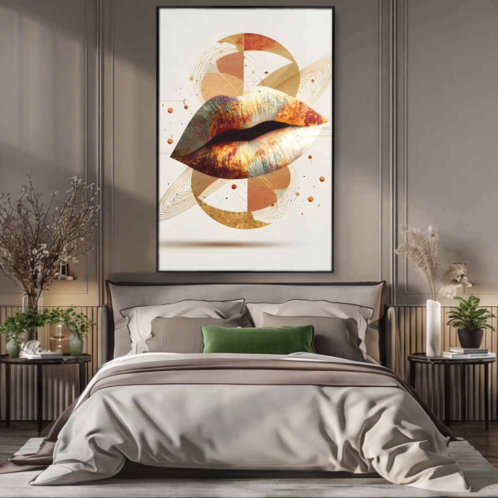 Tablou canvas cu tablou canvas cu buze aurii si forme geometrice, in rama de aluminiu negru, pe perete intr-un dormitor