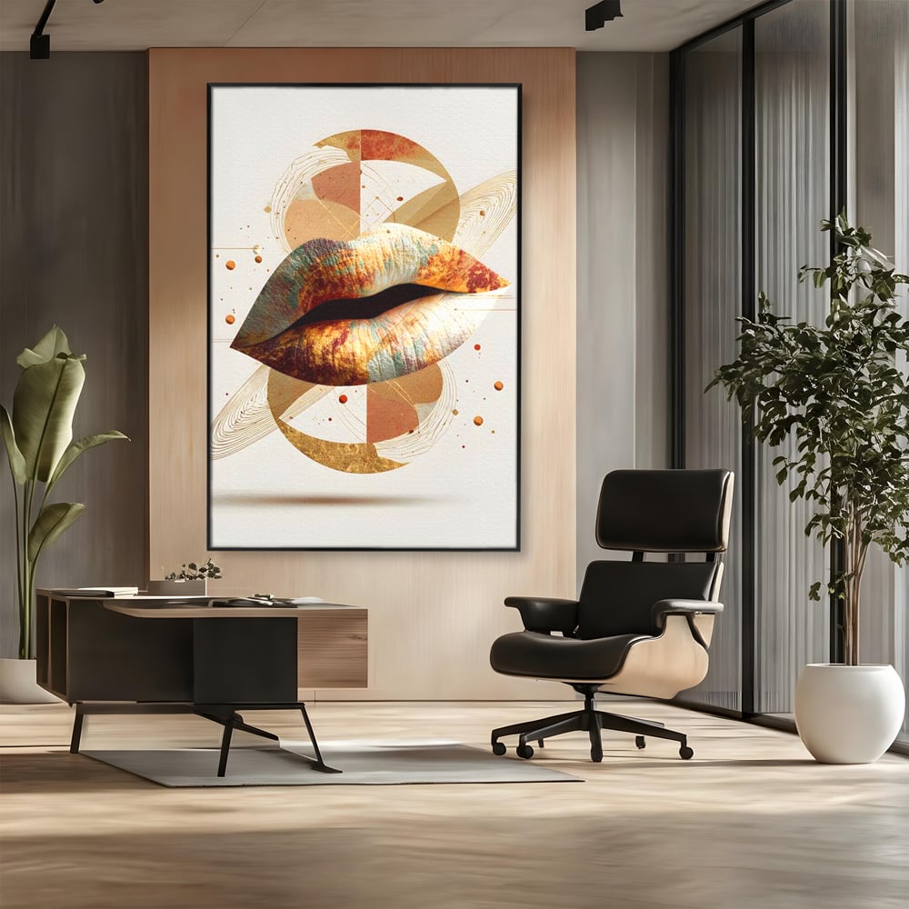 Tablou canvas cu tablou canvas cu buze aurii si forme geometrice, in rama de aluminiu negru, pe perete intr-un birou