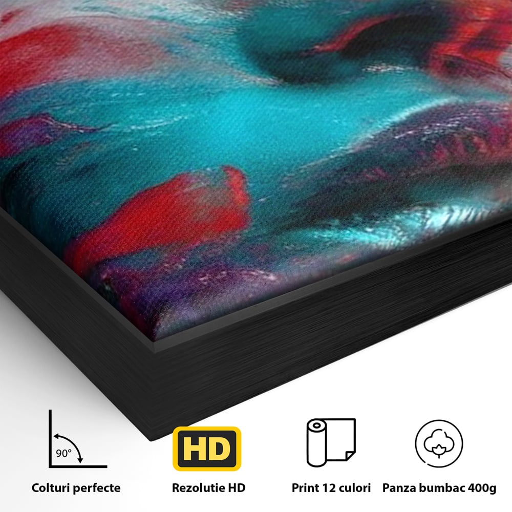 Detaliu al suprafetei: tablou canvas cu portret abstract si ochi rosu, in rama de aluminiu negru