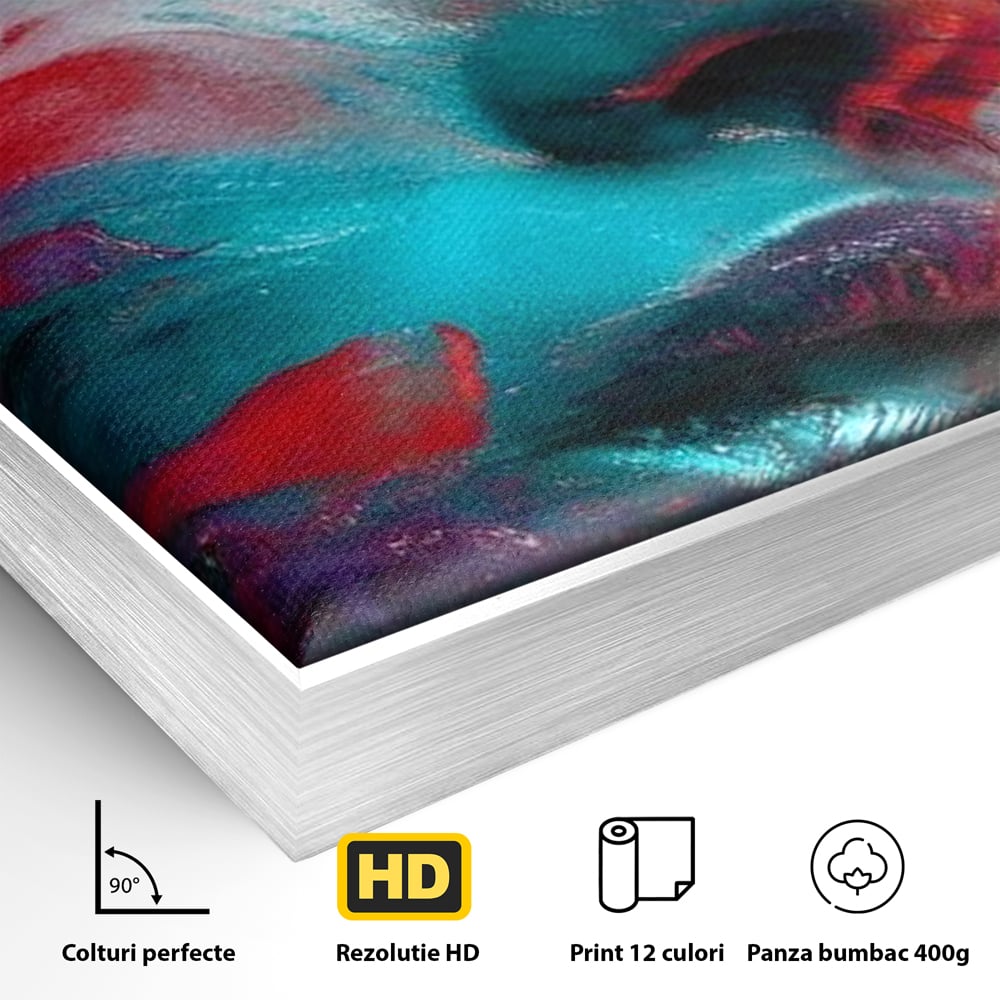 Detaliu al suprafetei: tablou canvas cu portret abstract si ochi rosu, in rama de aluminiu argintiu