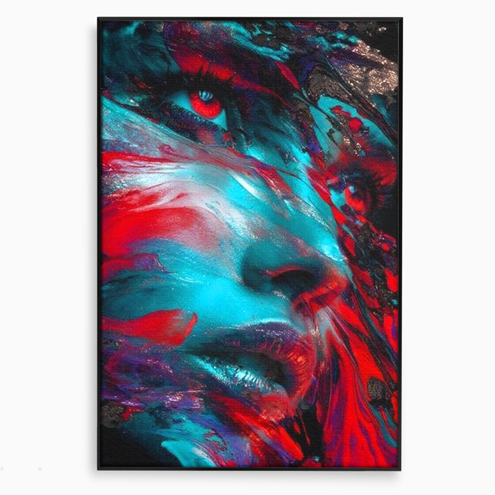 Tablou canvas cu tablou canvas cu portret abstract si ochi rosu, in rama de aluminiu negru