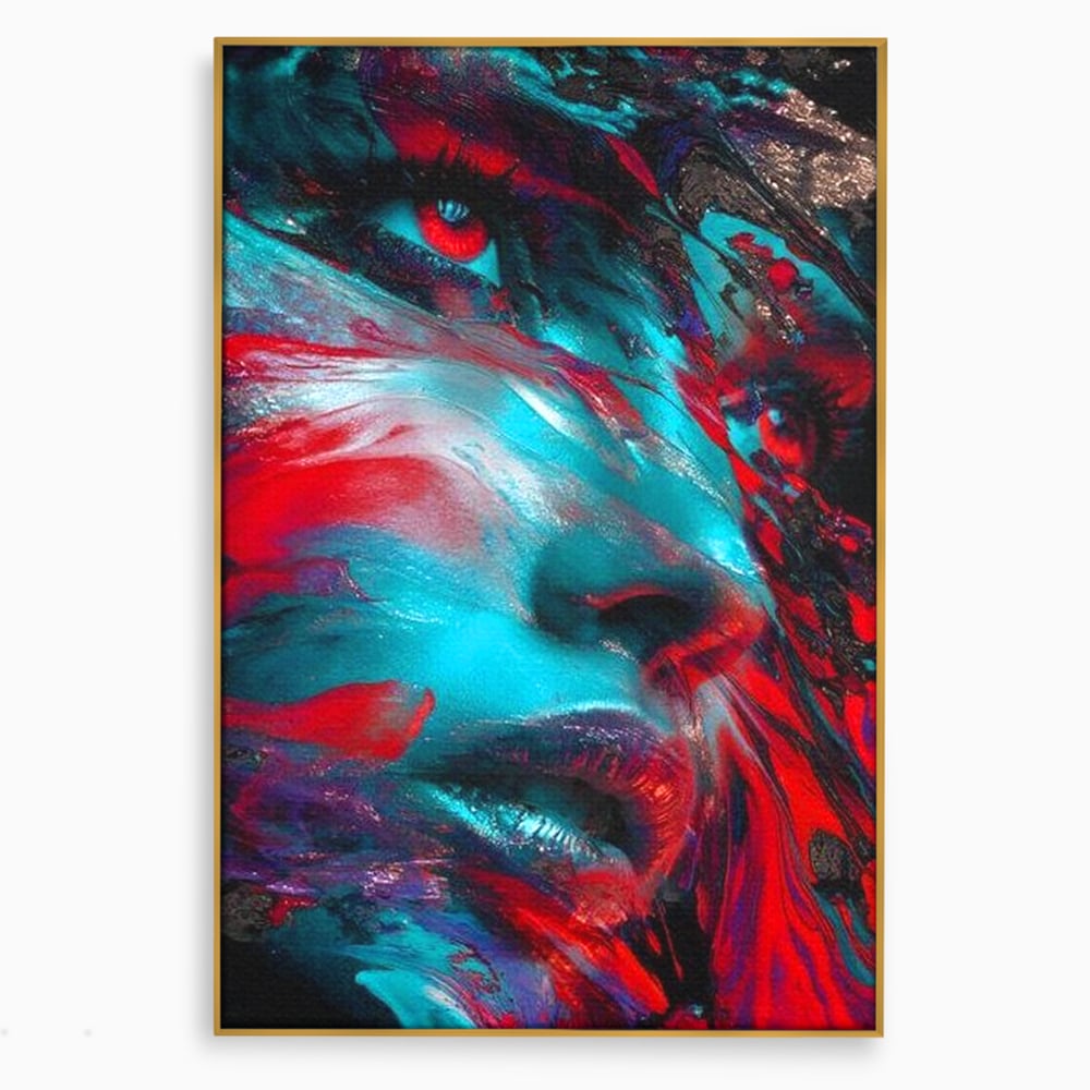 Tablou canvas cu tablou canvas cu portret abstract si ochi rosu, in rama de aluminiu auriu
