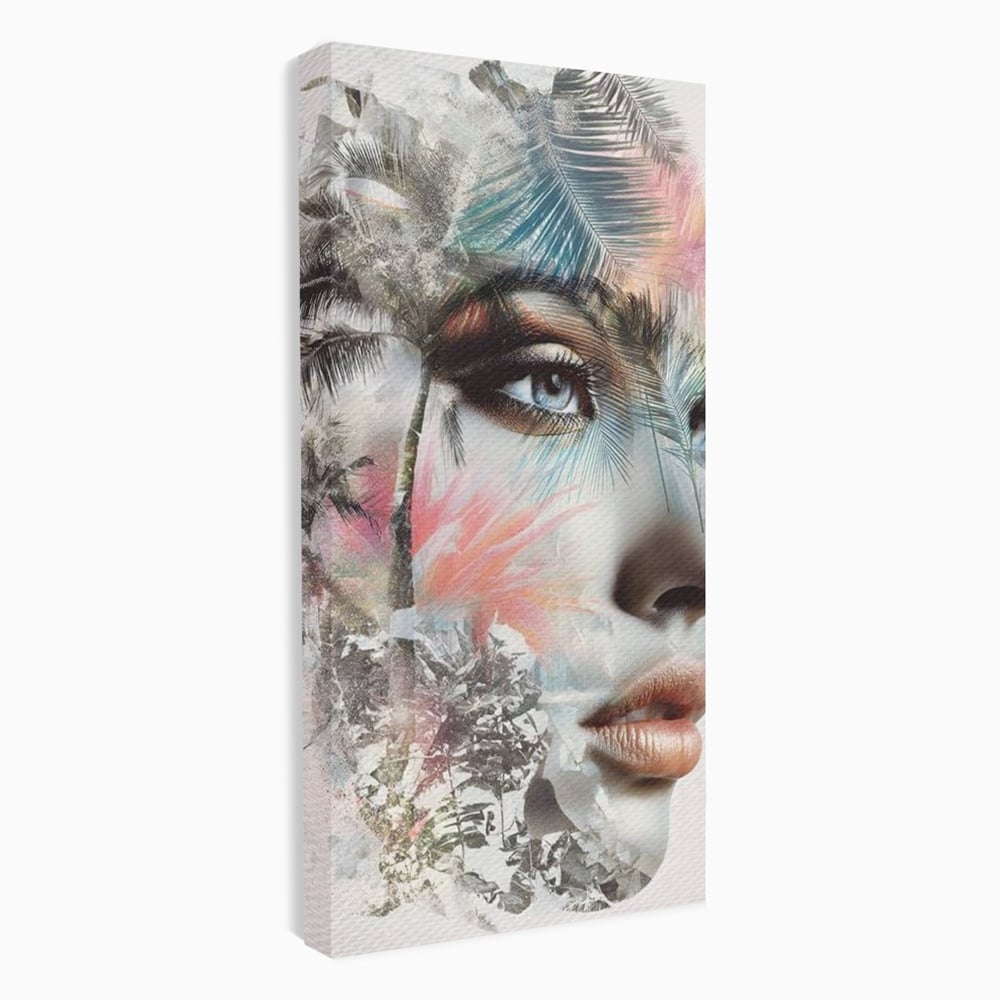 Tablou canvas cu tablou canvas cu portret feminin si palmieri, fara rama, pe sasiu de lemn