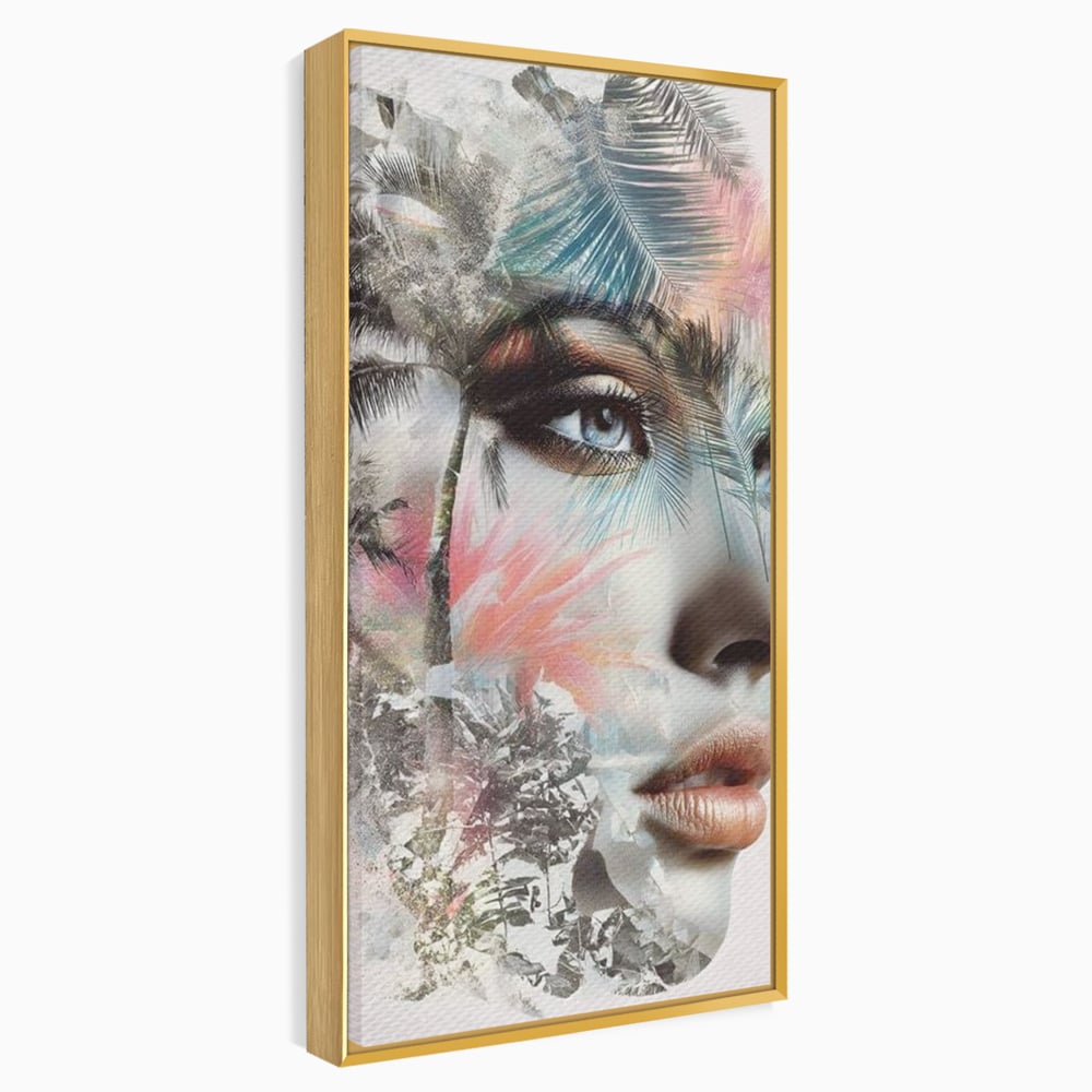 Tablou canvas cu tablou canvas cu portret feminin si palmieri, in rama de aluminiu auriu