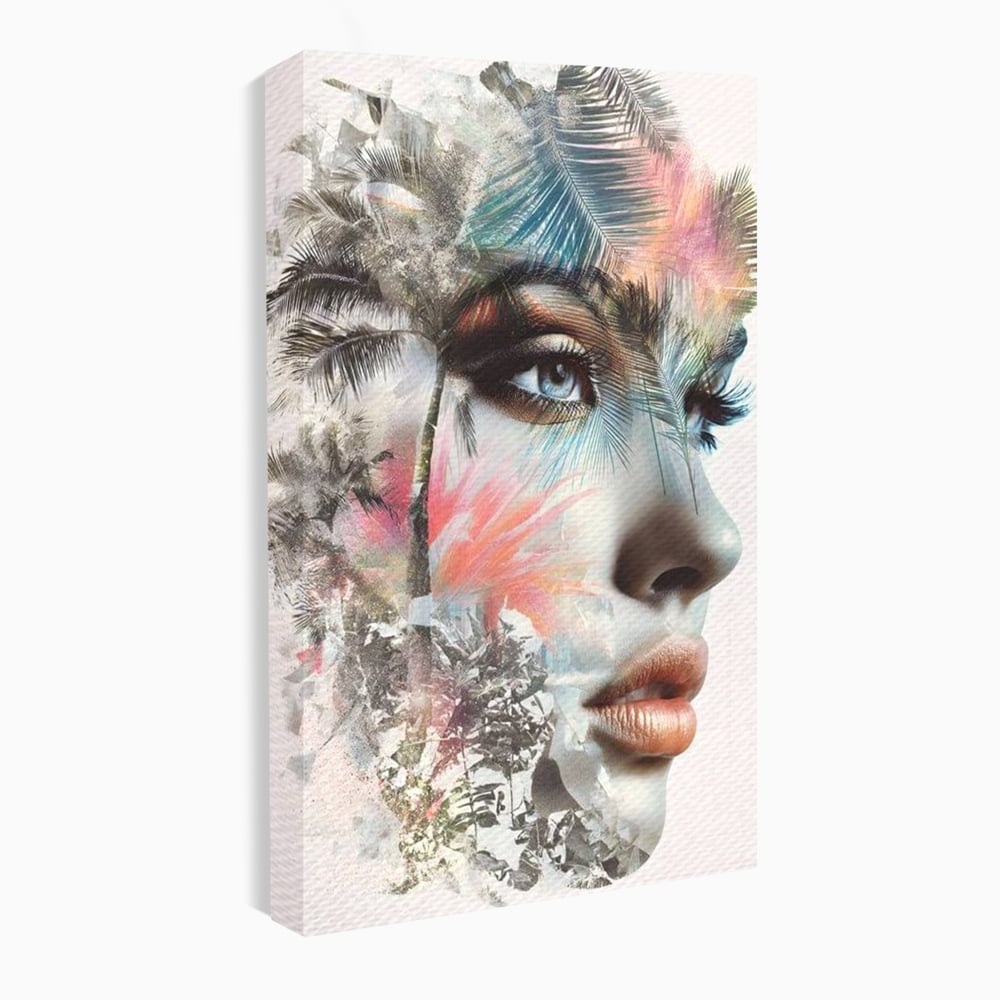 Tablou canvas cu tablou canvas cu portret feminin si palmieri, fara rama, pe sasiu de lemn
