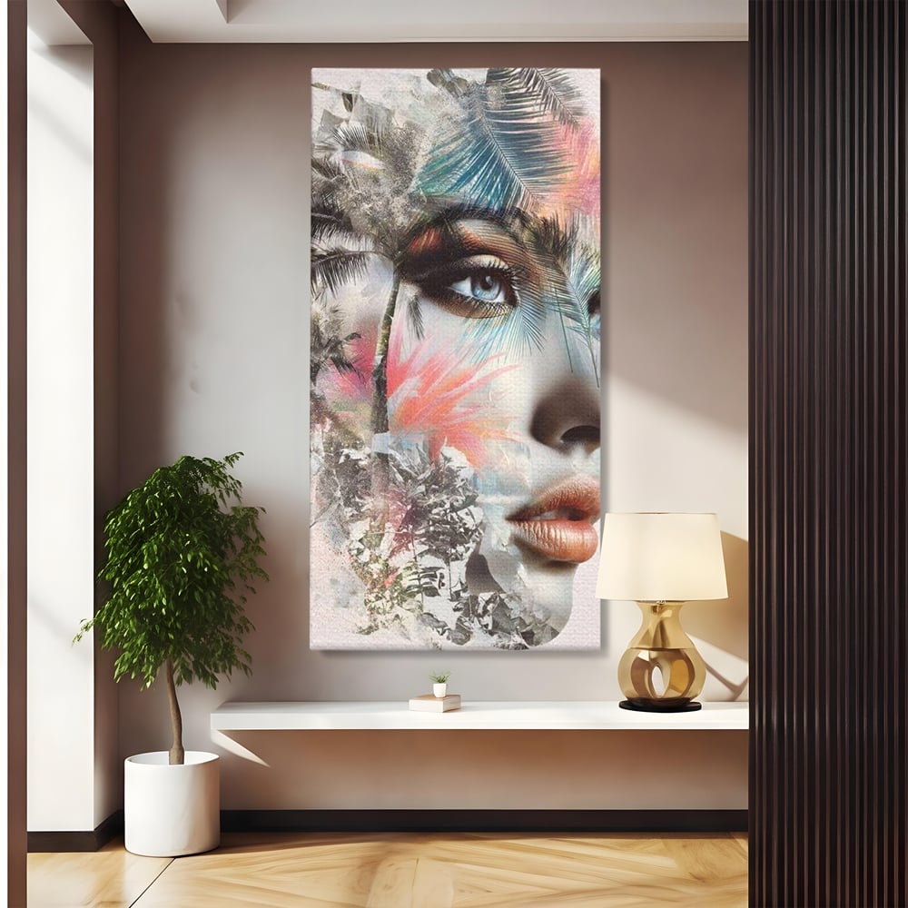 Tablou canvas cu tablou canvas cu portret feminin si palmieri, fara rama, pe sasiu de lemn