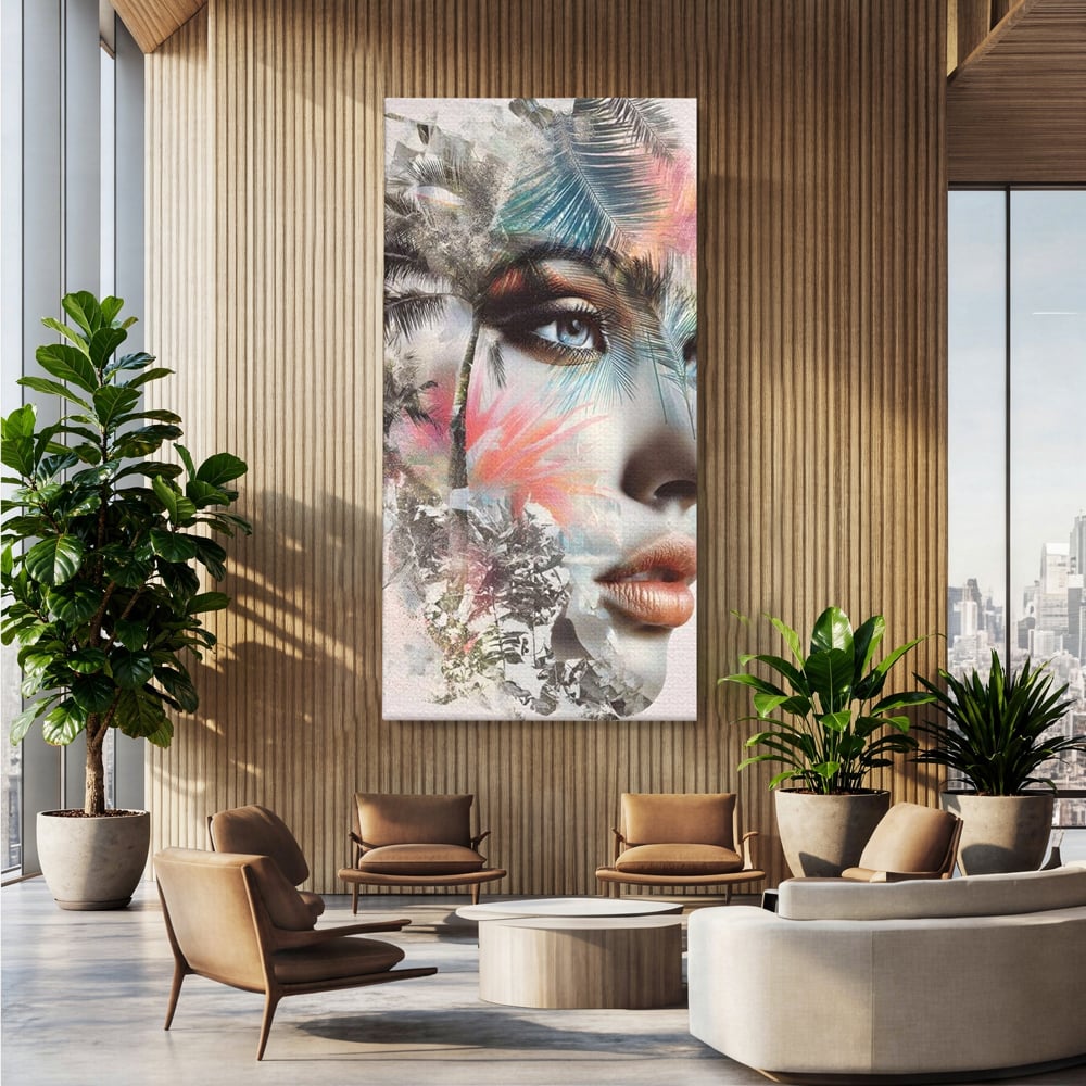 Tablou canvas cu tablou canvas cu portret feminin si palmieri, fara rama, pe sasiu de lemn, pe perete intr-un birou