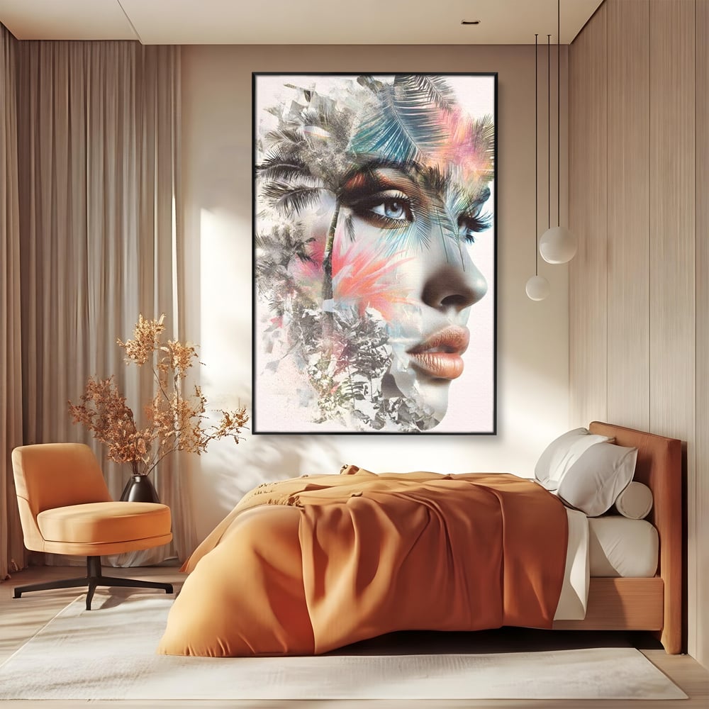 Tablou canvas cu tablou canvas cu portret feminin si palmieri, in rama de aluminiu negru, pe perete intr-un dormitor