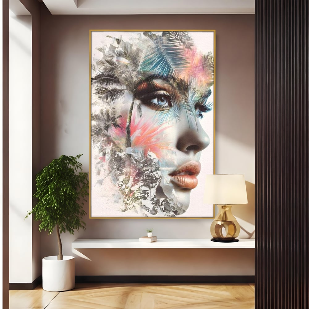 Tablou canvas cu tablou canvas cu portret feminin si palmieri, in rama de aluminiu auriu