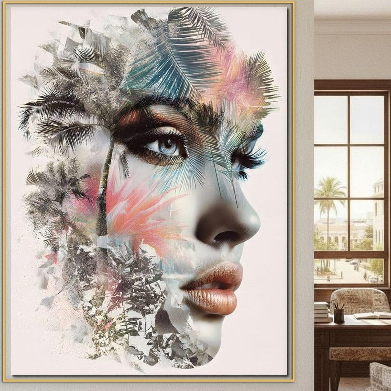 Tablou Canvas Premium, LuxCanva® G1236, Suflet Tropical,  Vis, Palmier, Natura, Paradis, Femeie, Soapta, Vant, Lumina, Verde, Jungla, Culori, Pastel, Frumusete, Poezie, Oniric, Salon, Living, Dormitor