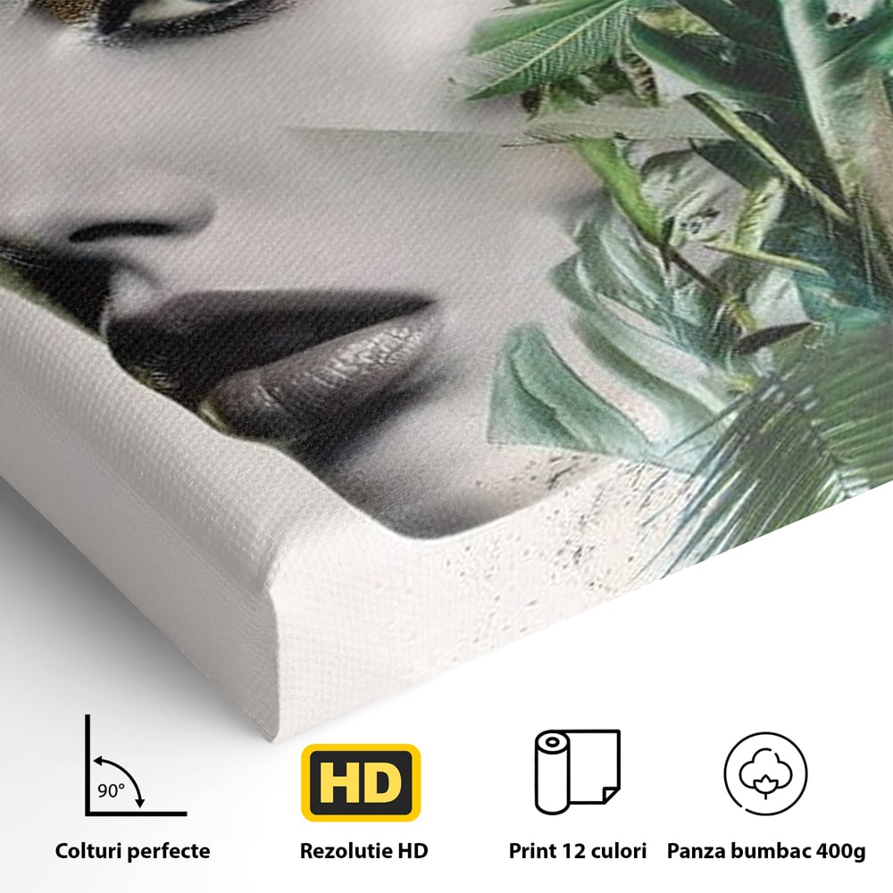 Detaliu al suprafetei: tablou canvas cu portret de femeie si frunze tropicale, fara rama, pe sasiu de lemn