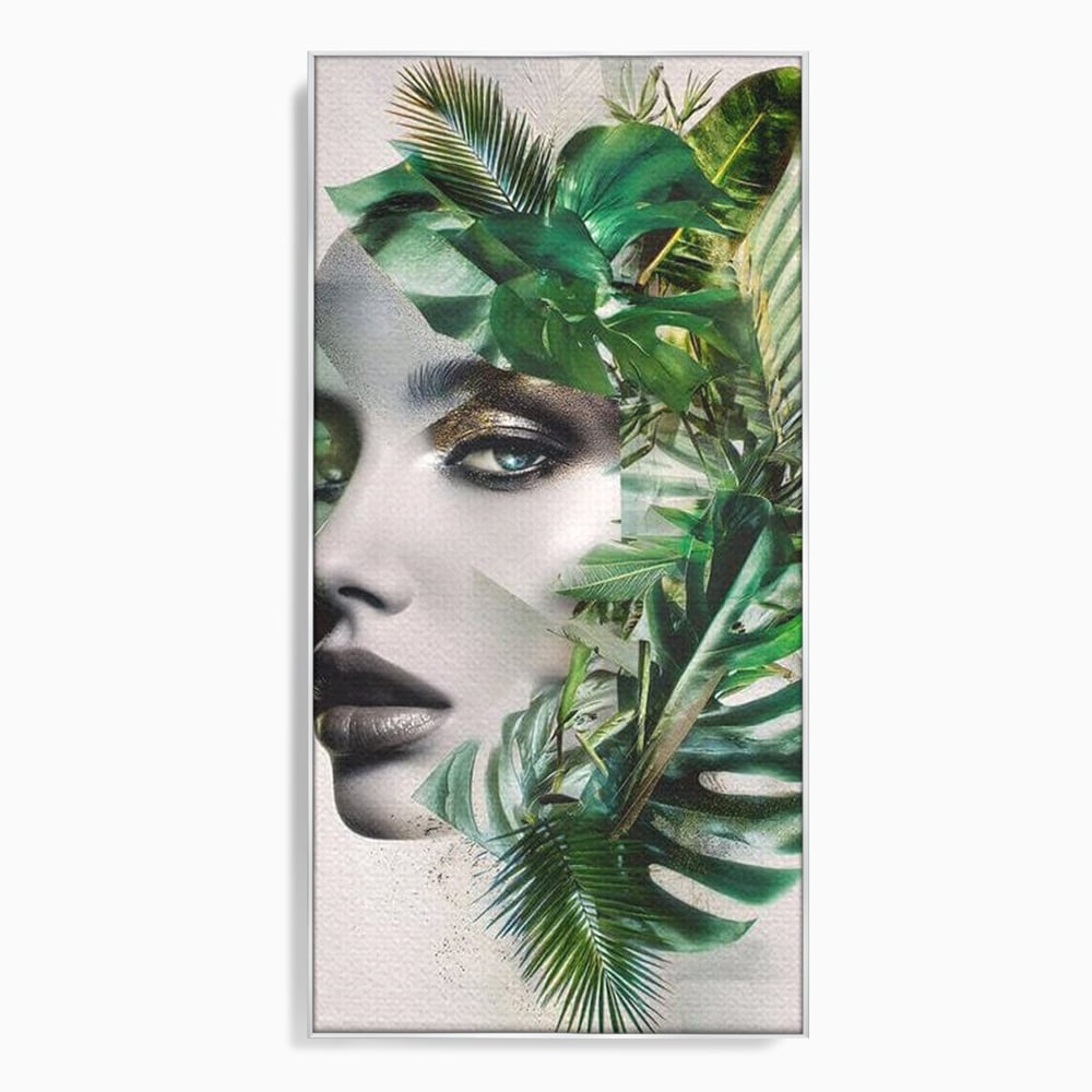 Tablou canvas cu tablou canvas cu portret de femeie si frunze tropicale, in rama de aluminiu argintiu