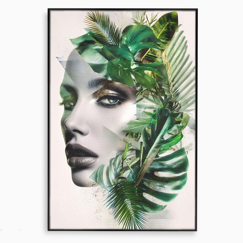 Tablou canvas cu tablou canvas cu portret de femeie si frunze tropicale, in rama de aluminiu negru
