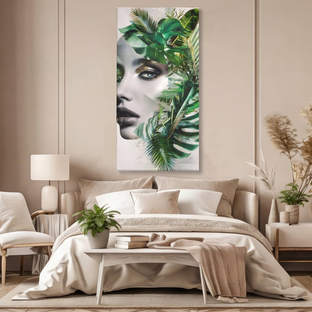 Tablou canvas cu tablou canvas cu portret de femeie si frunze tropicale, fara rama, pe sasiu de lemn, pe perete intr-un dormitor