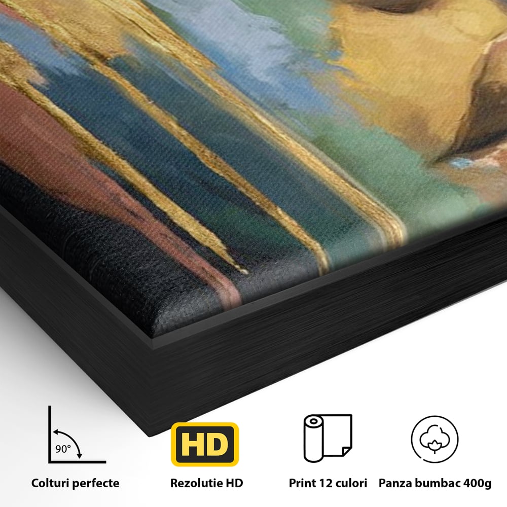 Detaliu al suprafetei: tablou canvas cu chip de femeie si foita de aur, in rama de aluminiu negru