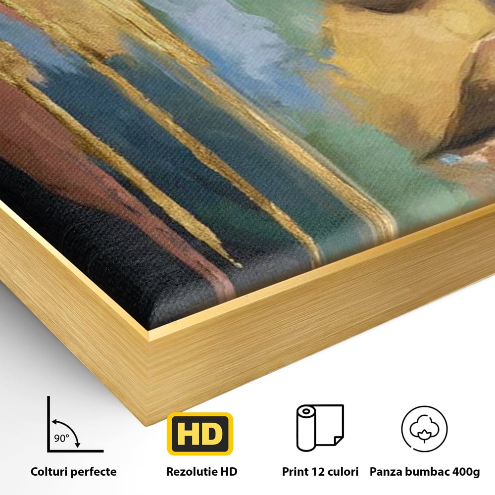 Detaliu al suprafetei: tablou canvas cu chip de femeie si foita de aur, in rama de aluminiu auriu