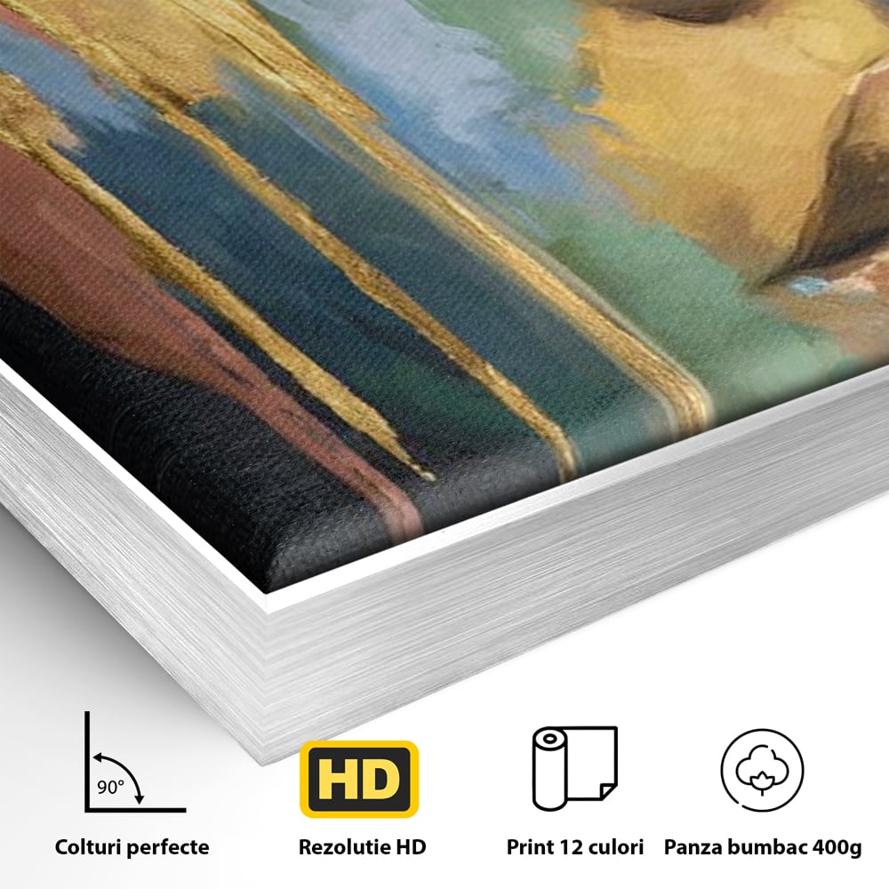 Detaliu al suprafetei: tablou canvas cu chip de femeie si foita de aur, in rama de aluminiu argintiu