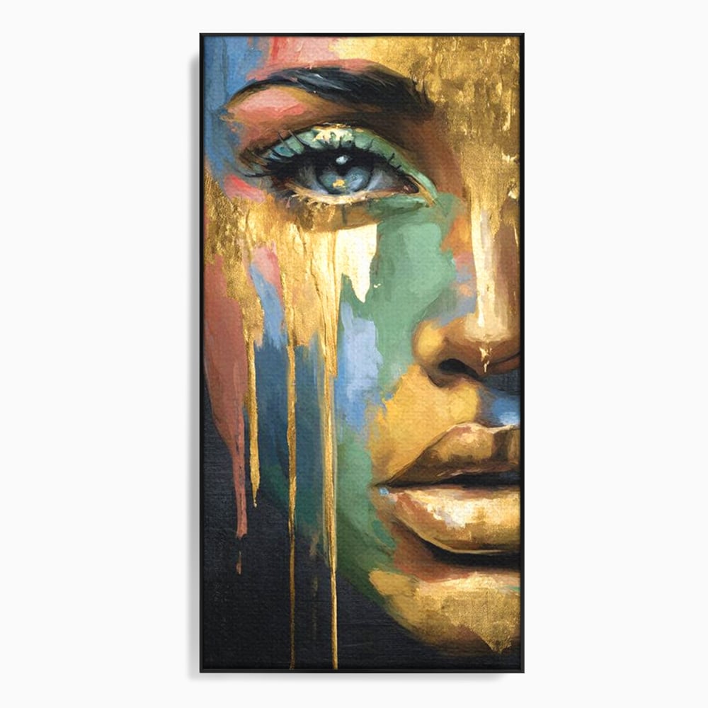 Tablou canvas cu tablou canvas cu chip de femeie si foita de aur, in rama de aluminiu negru