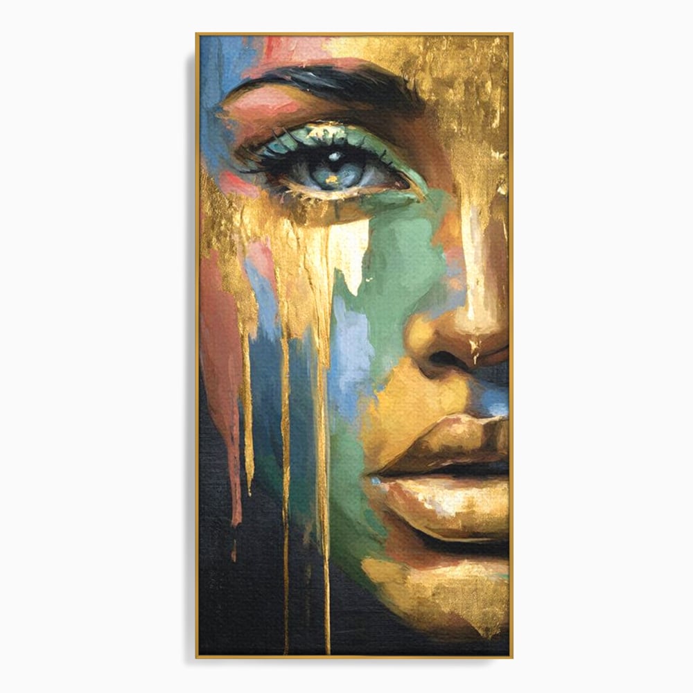 Tablou canvas cu tablou canvas cu chip de femeie si foita de aur, in rama de aluminiu auriu