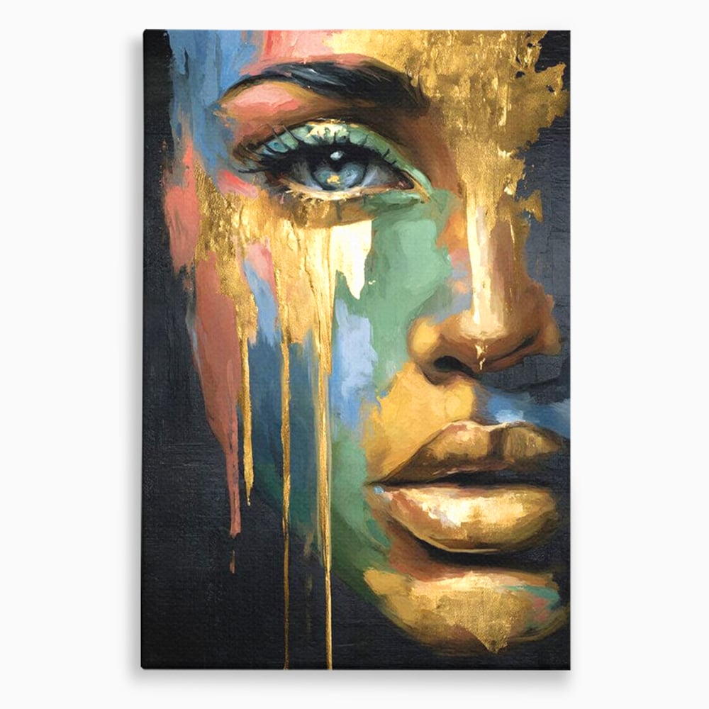 Tablou canvas cu tablou canvas cu chip de femeie si foita de aur, fara rama, pe sasiu de lemn