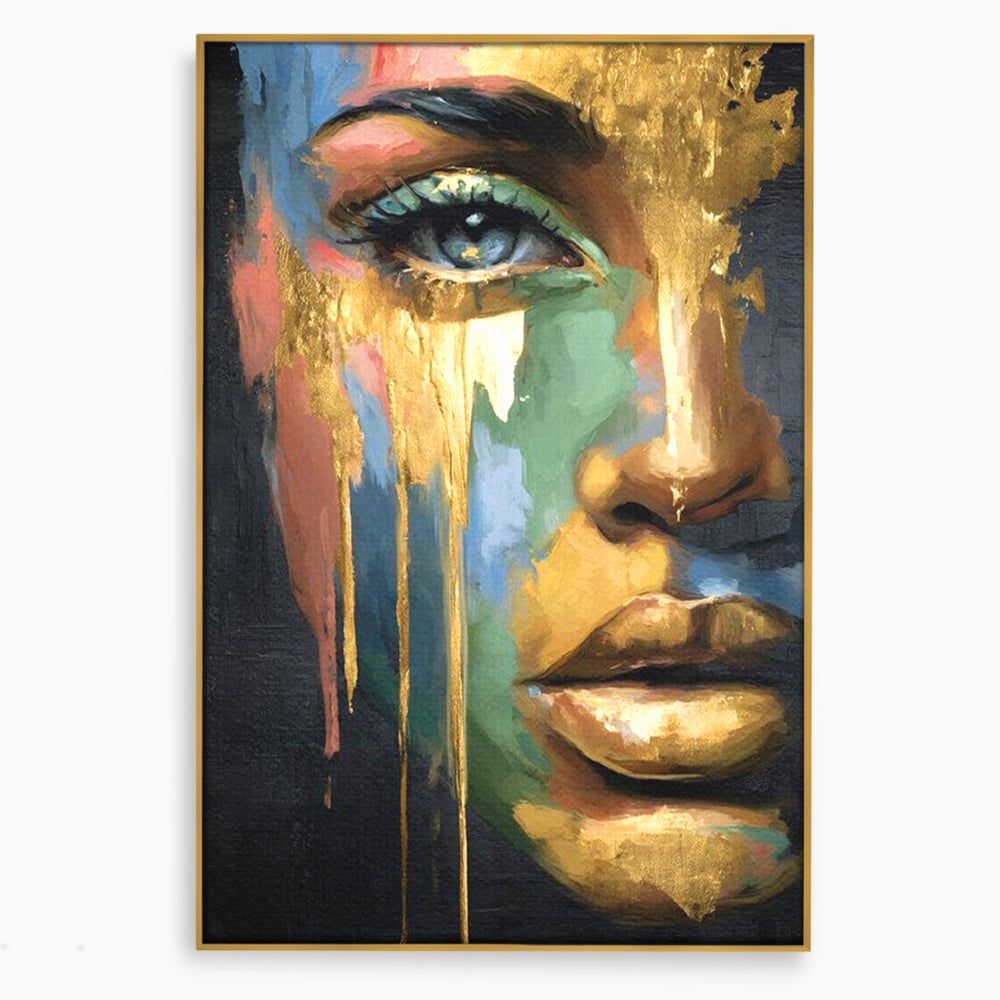 Tablou canvas cu tablou canvas cu chip de femeie si foita de aur, in rama de aluminiu auriu