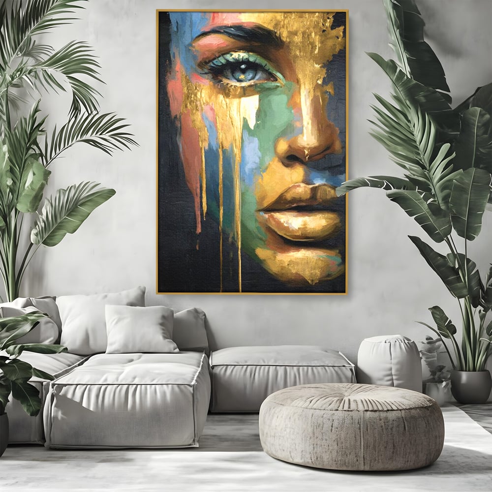 Tablou canvas cu tablou canvas cu chip de femeie si foita de aur, in rama de aluminiu auriu, pe perete intr-un living