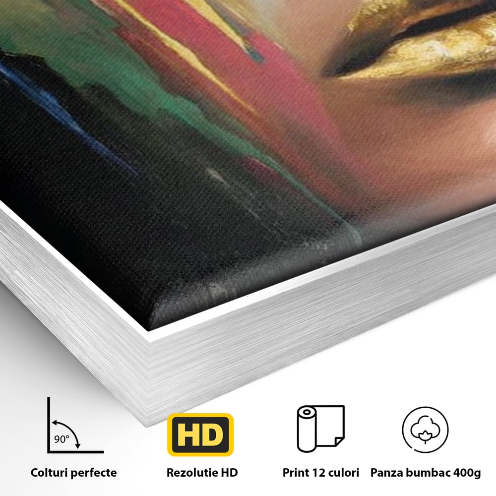 Detaliu al suprafetei: tablou canvas cu chip de femeie profil si foita de aur, in rama de aluminiu argintiu