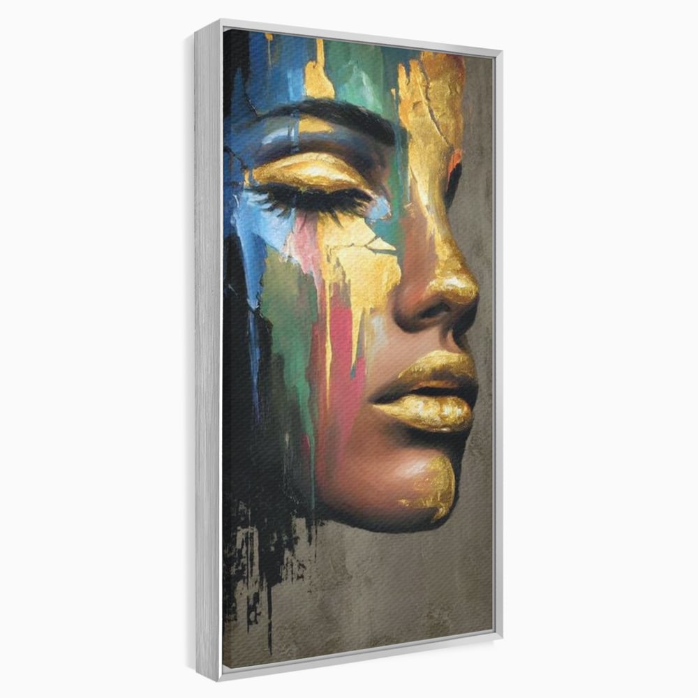 Tablou canvas cu tablou canvas cu chip de femeie profil si foita de aur, in rama de aluminiu argintiu