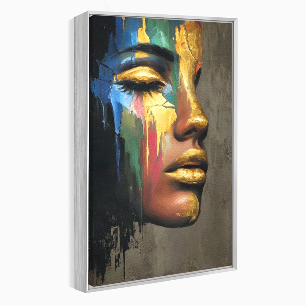 Tablou canvas cu tablou canvas cu chip de femeie profil si foita de aur, in rama de aluminiu argintiu