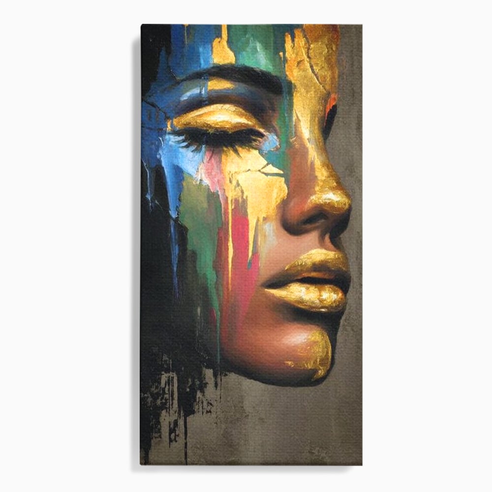 Tablou canvas cu tablou canvas cu chip de femeie profil si foita de aur, fara rama, pe sasiu de lemn