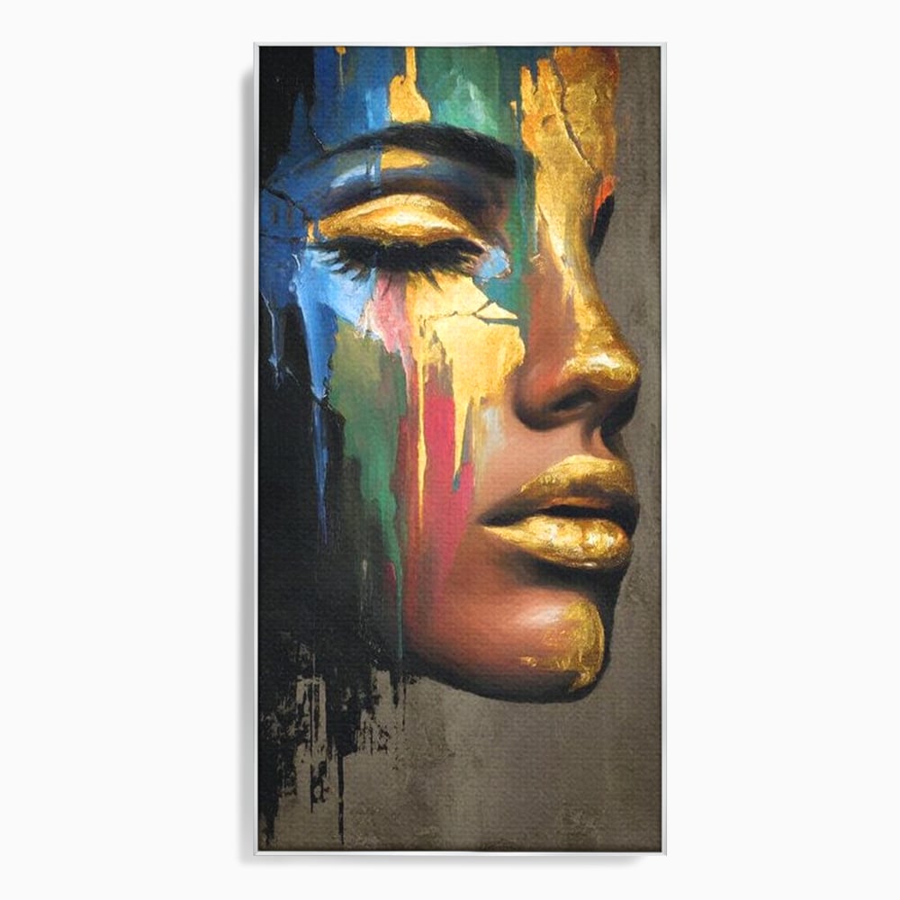 Tablou canvas cu tablou canvas cu chip de femeie profil si foita de aur, in rama de aluminiu argintiu