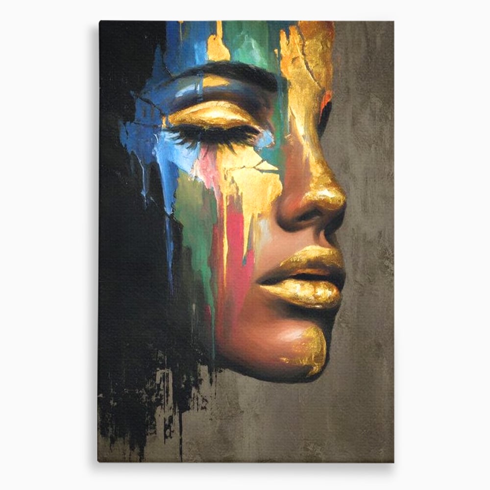 Tablou canvas cu tablou canvas cu chip de femeie profil si foita de aur, fara rama, pe sasiu de lemn