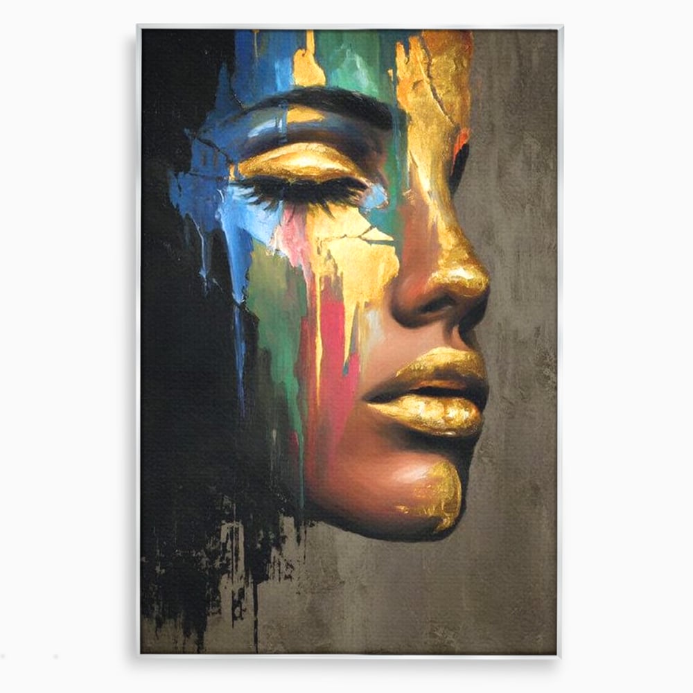 Tablou canvas cu tablou canvas cu chip de femeie profil si foita de aur, in rama de aluminiu argintiu