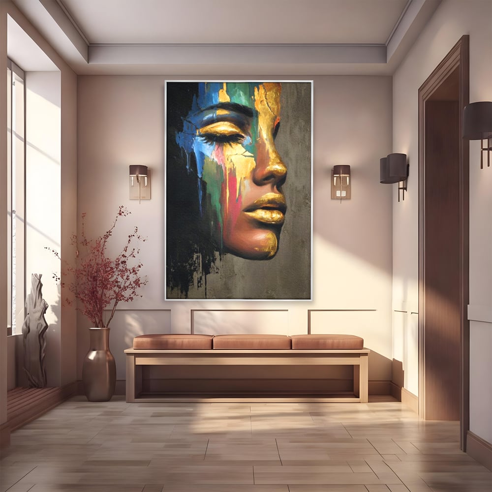 Tablou canvas cu tablou canvas cu chip de femeie profil si foita de aur, in rama de aluminiu argintiu