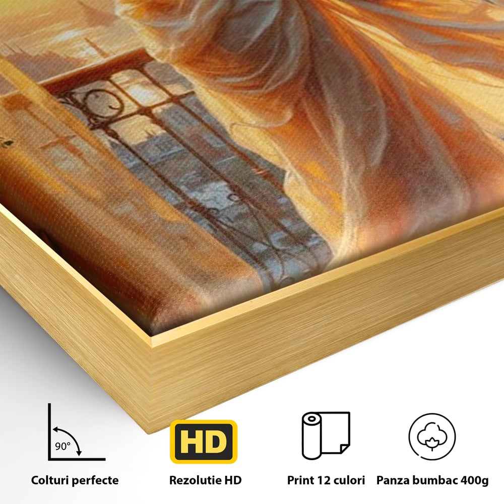 Detaliu al suprafetei: tablou canvas cu femeie la fereastra, in rama de aluminiu auriu