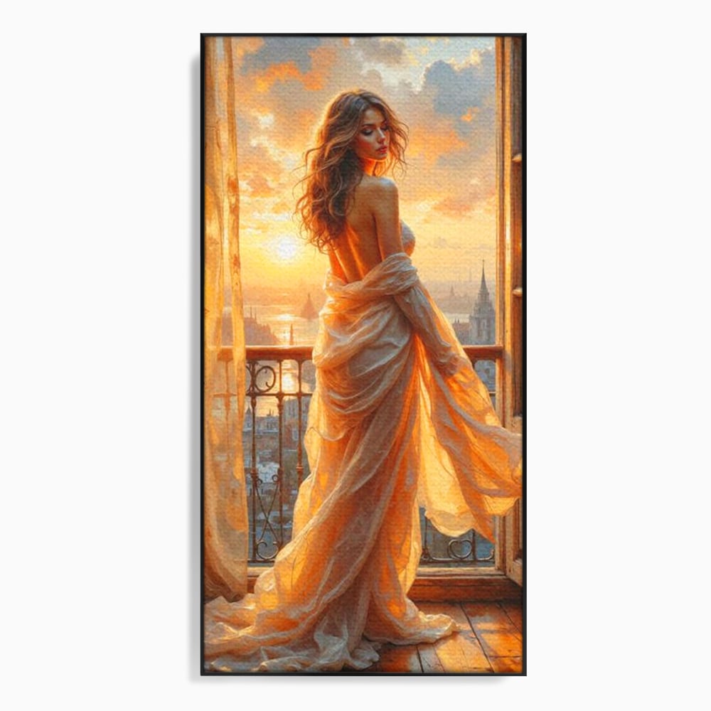 Tablou canvas cu tablou canvas cu femeie la fereastra, in rama de aluminiu negru