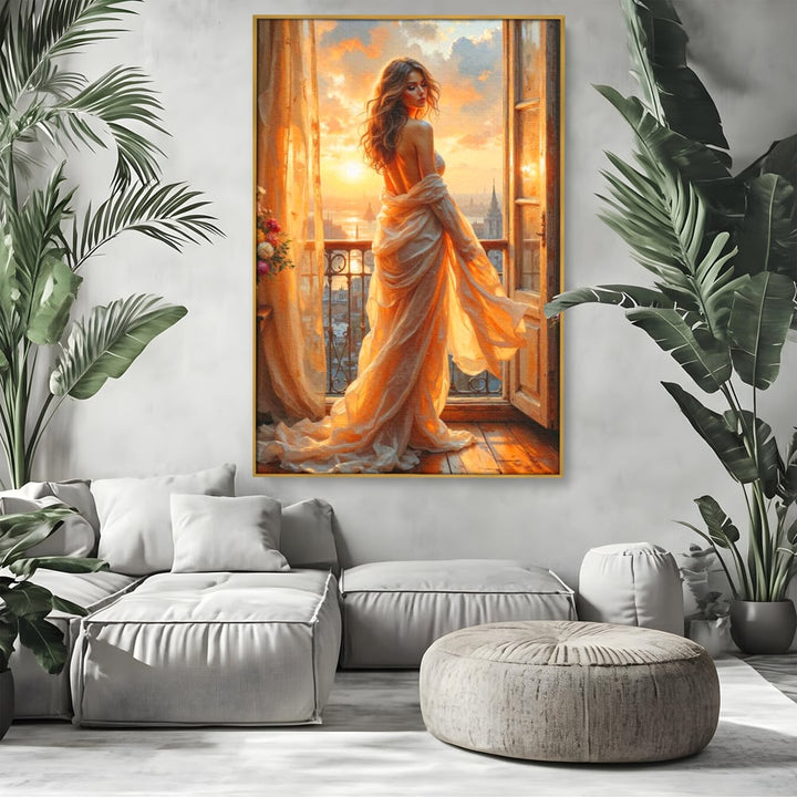 Tablou canvas cu tablou canvas cu femeie la fereastra, in rama de aluminiu auriu, pe perete intr-un living