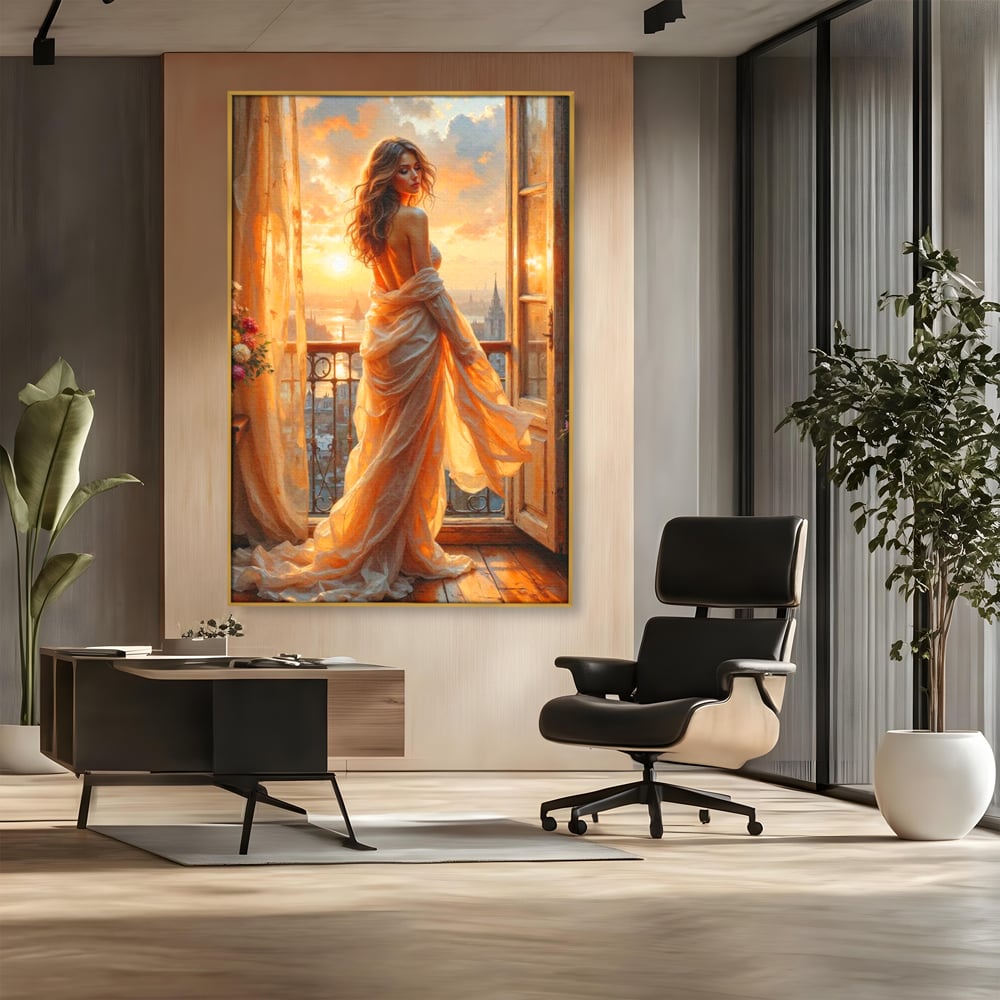 Tablou canvas cu tablou canvas cu femeie la fereastra, in rama de aluminiu auriu, pe perete intr-un birou