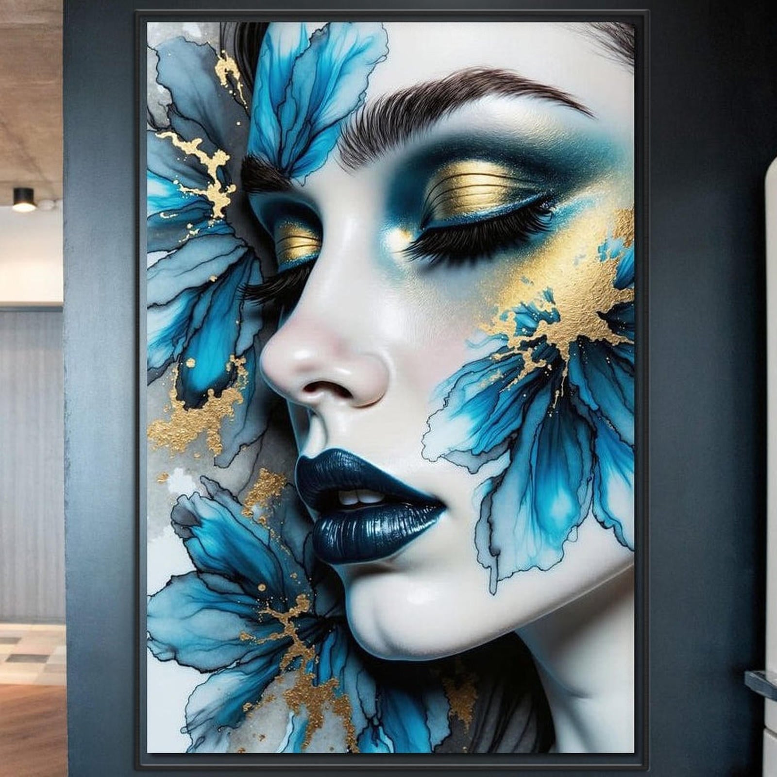 Tablou Canvas Premium, LuxCanva® G1241, In Flori de Gheata, Regina, Albastru, Aur, Vraja, Frig, Floare, Iarna, Cristal, Inima, Azur, Eclipsa, Renastere, Tacere, Liniste, Fotomodel, Salon, Living, Dormi