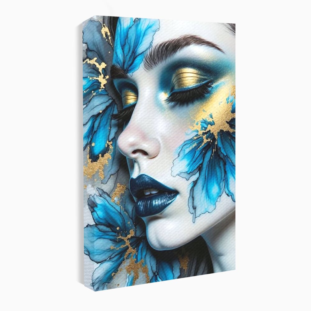 Tablou canvas cu tablou canvas cu portret feminin si flori albastre, fara rama, pe sasiu de lemn