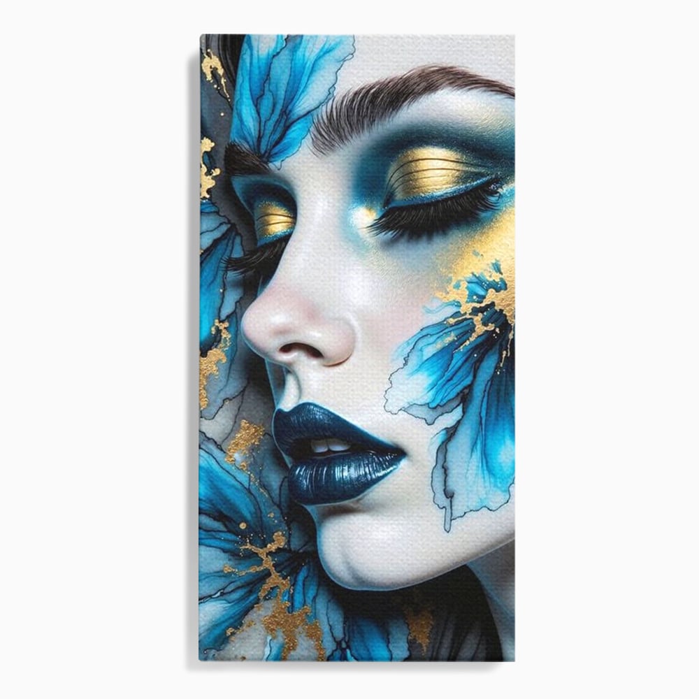 Tablou canvas cu tablou canvas cu portret feminin si flori albastre, fara rama, pe sasiu de lemn