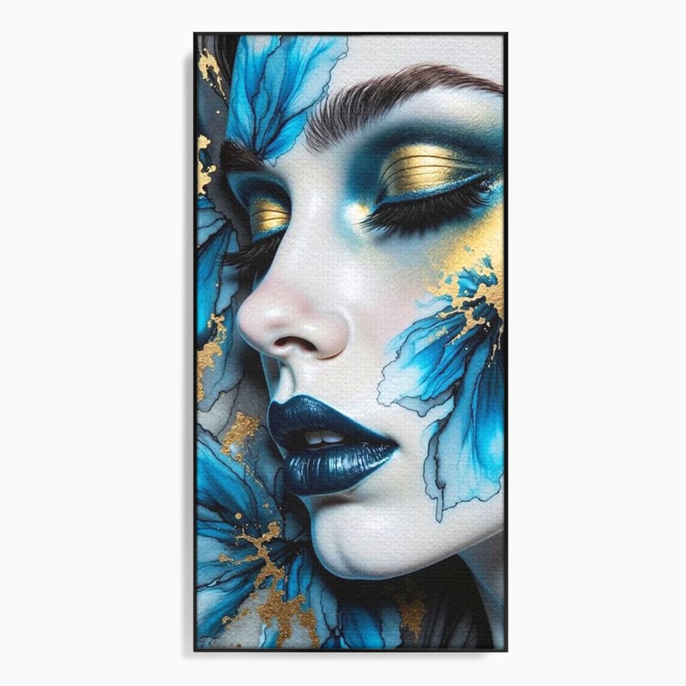 Tablou canvas cu tablou canvas cu portret feminin si flori albastre, in rama de aluminiu negru