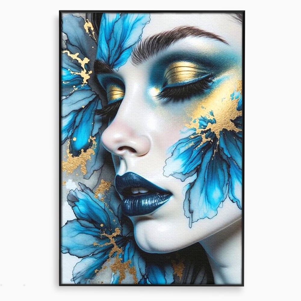 Tablou canvas cu tablou canvas cu portret feminin si flori albastre, in rama de aluminiu negru