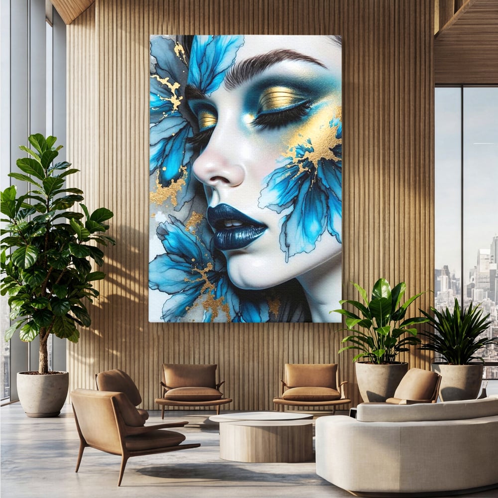 Tablou canvas cu tablou canvas cu portret feminin si flori albastre, fara rama, pe sasiu de lemn, pe perete intr-un birou