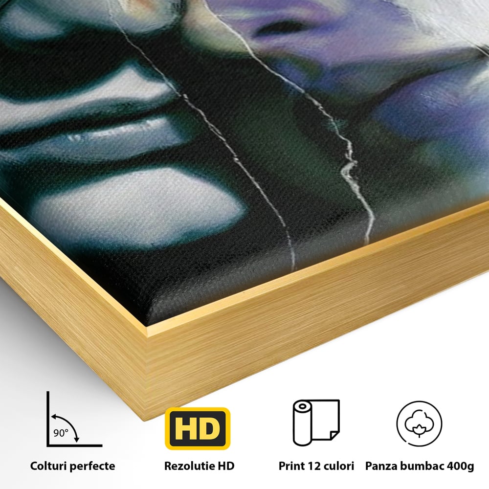 Detaliu al suprafetei: tablou canvas cu chipuri despartite de cioburi, in rama de aluminiu auriu